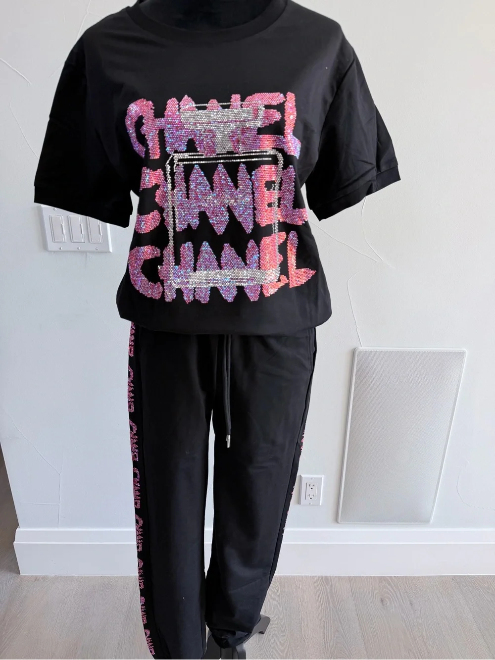 CHANEL Black Tee and Joggers with Pink Logo Detailing size S/M